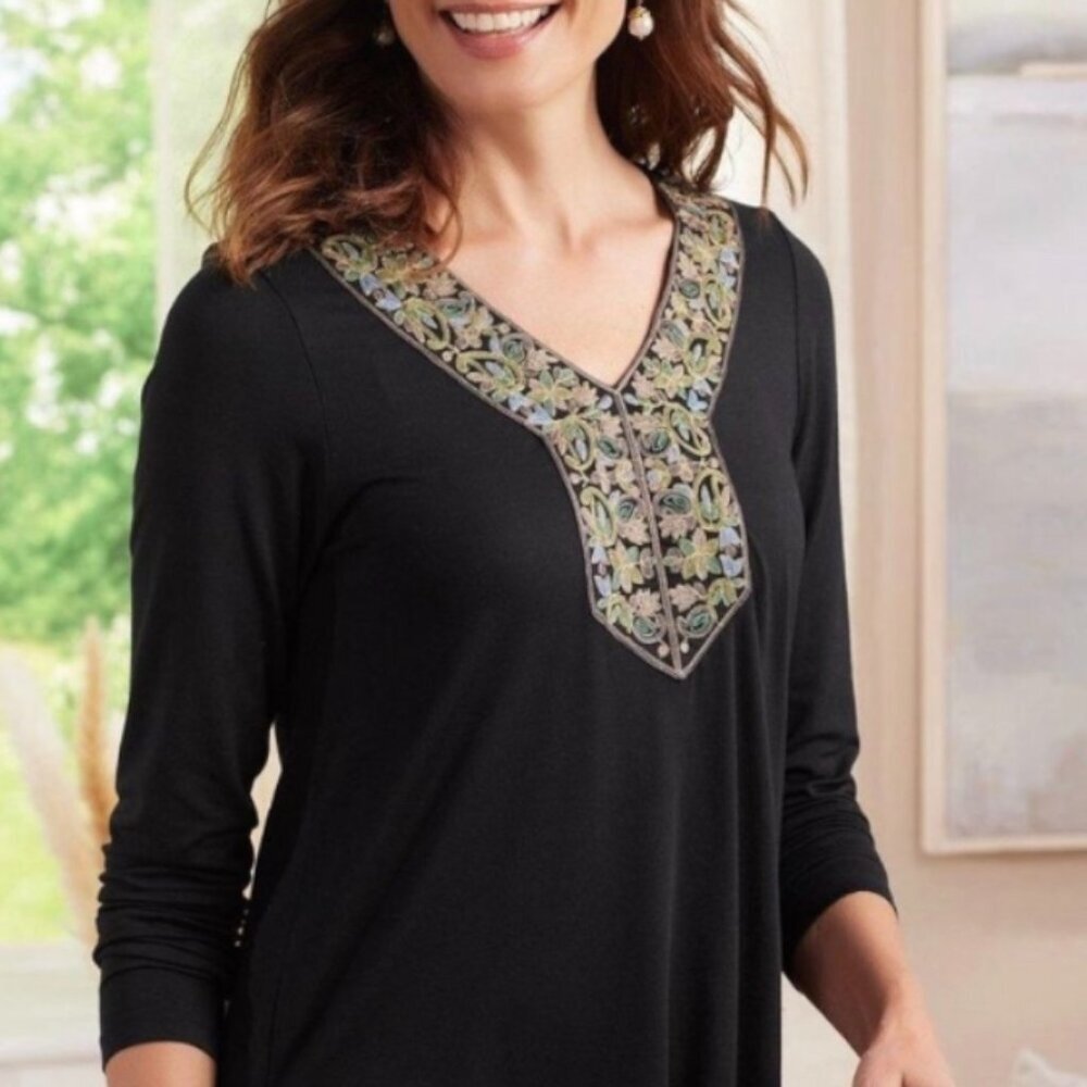Soft Surroundings Tunic Top Boho Black Tapestry Collar Sz M  #0565